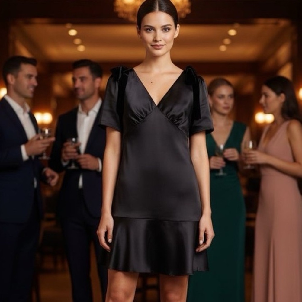 NWT 19 COOPER Black Satin Lingerie Babydoll Slip Dress w Velvet Shoulder Bows M